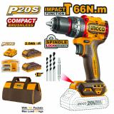 Шуруповерт INGCO CIDLI20668LB ударный бесщеточный Li-Ion 20.0В, 2.0 Ah. 2 АКБ 66 Нм СУМКА INDUSTRIAL