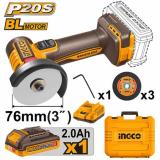 УШМ INGCO  d76мм аккумуляторная 20В, АКБ 2.0, З/У, кейс, SUPER. INDUSTRIAL CAGLI207625